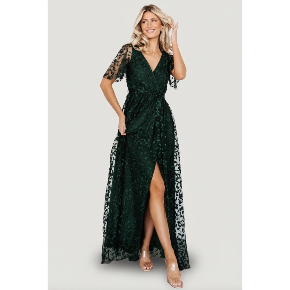 Baltic Born Marseille Embossed Maxi Dress Forest Green Floral Embroidered Small
